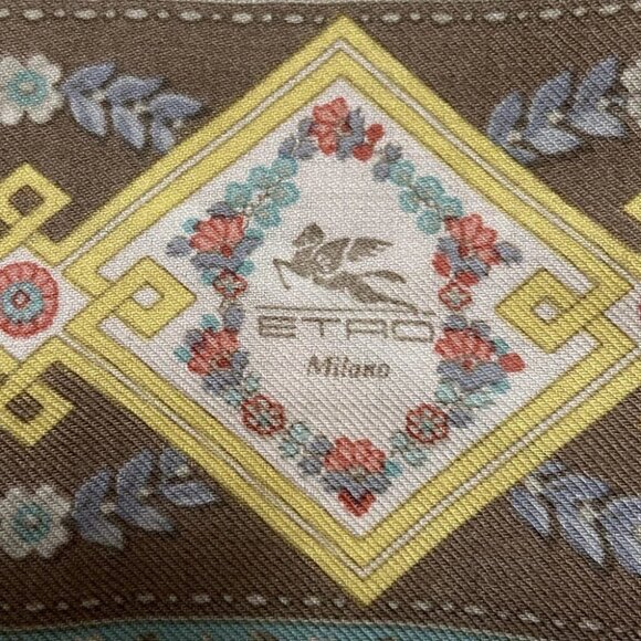 Auth ETRO - Yellow Light Brown Multi Wool Silk Scarf - Picture 3 of 7